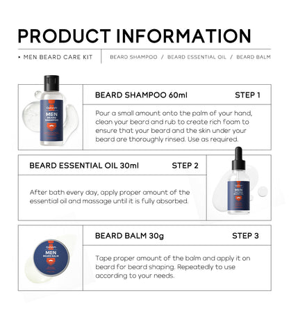 Men's Beard Care 3-Piece Set – Shampoo, Oil & Balm